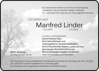 Traueranzeige von Manfred Linder von Pegnitz-Zeitung
